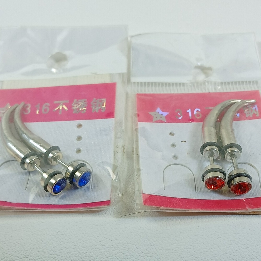 Vintage 90s 316L Steel 14G Faux Taper Claw Earrings Red Blue Rhinestone 2 Pair - Picture 6 of 14